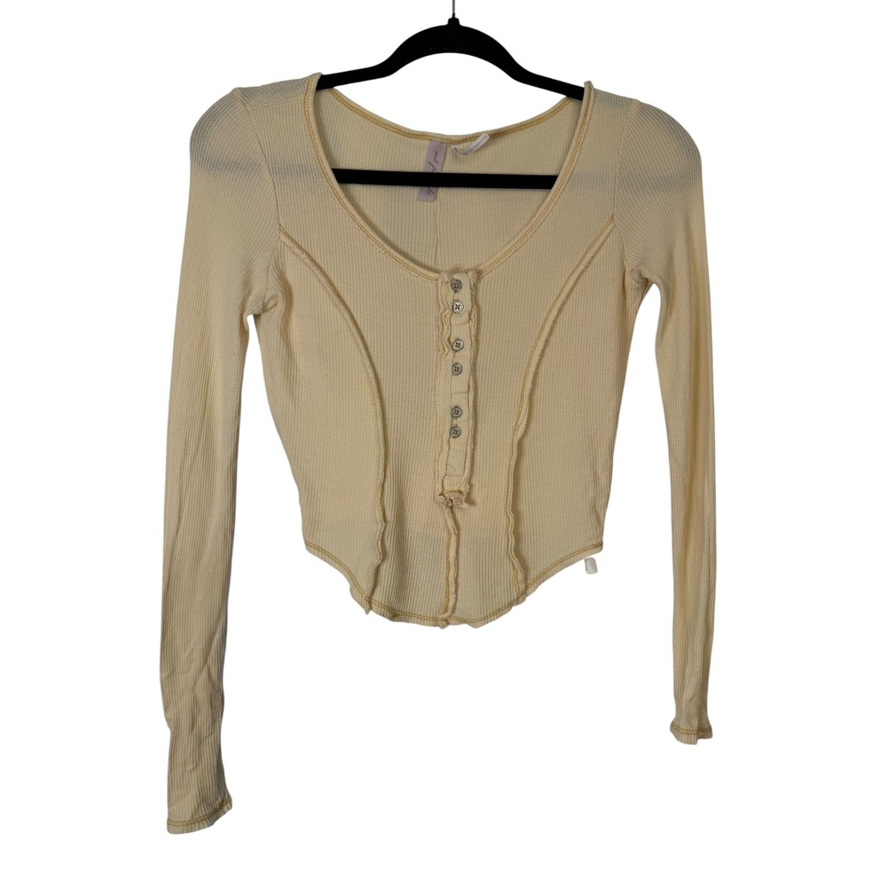 Out From Under Urban Outfitters Thermal Henley Crop Top Cream Yellow XS